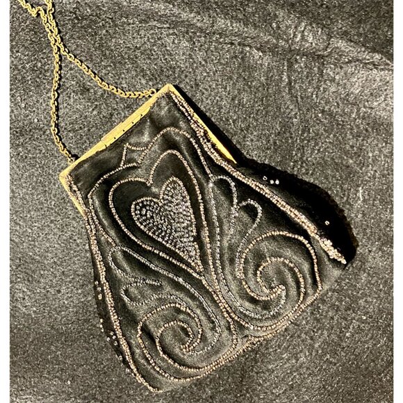1920s-30s vintage metal frame black evening bag with beads, sequins, gold chain - Picture 3 of 5